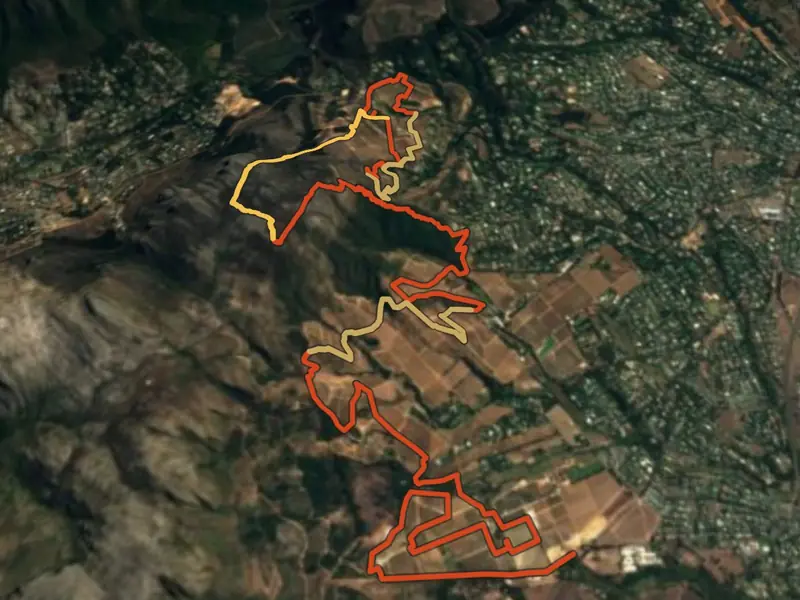 The Cobra Half route on satellite imagery, Beau Constantia to Constantia Uitsig