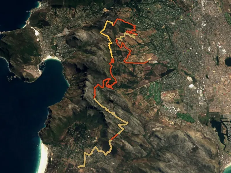 Cobra Strike 33 km route on satellite imagery, Noordhoek to Constantia Uitsig